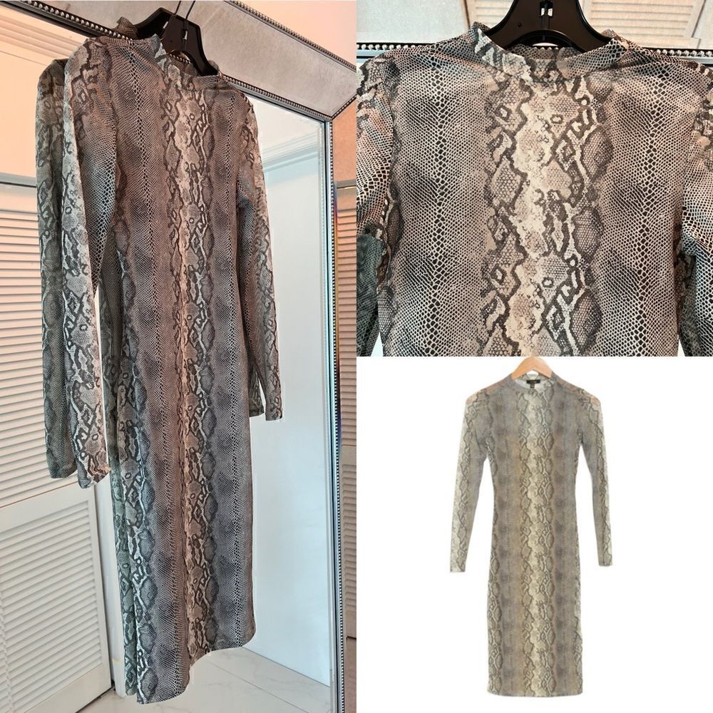 AFRM Loah Long Sleeve Mesh Midi Dress - Neutral Snake